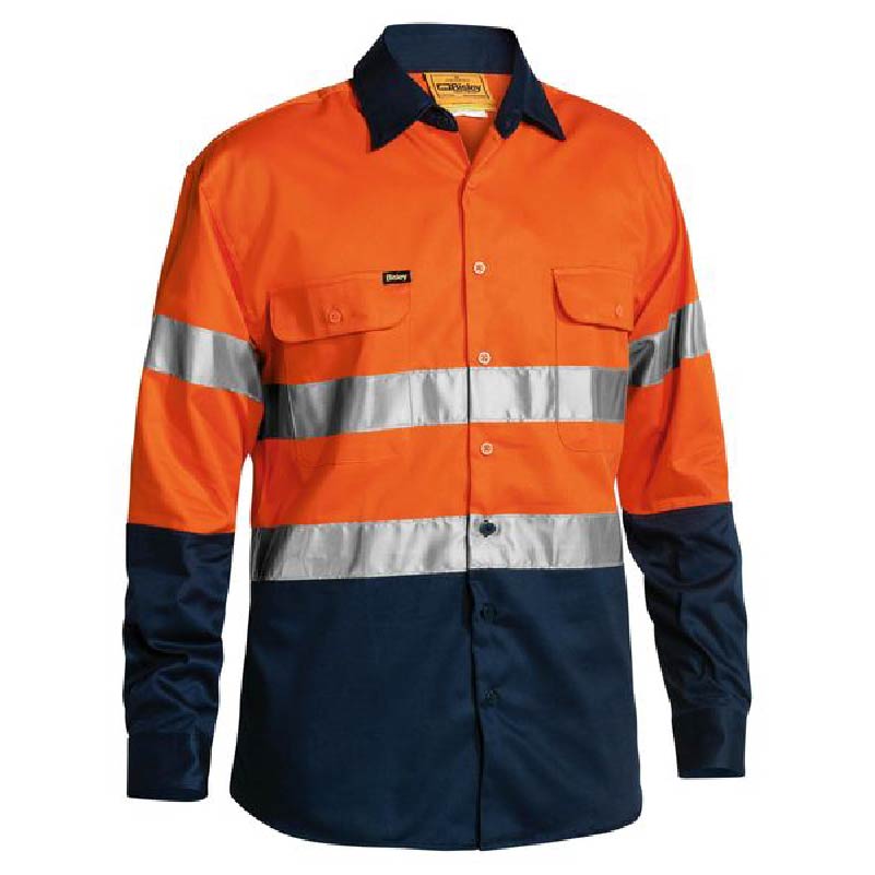 Bisley Hi Vis Taped Work Shirt - Orange Navy Front