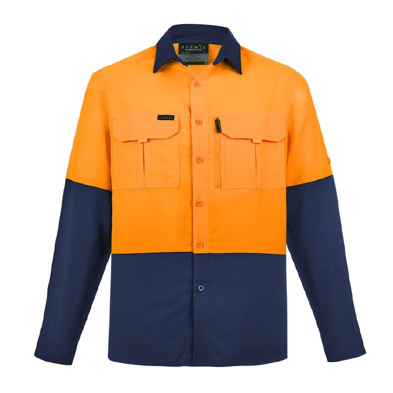 Mens Lightweight Hi Vis Shirt - Orange Navy Front